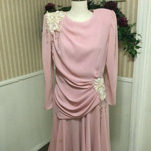 Vintage 80s Golden Girls Rose Pink Wedding Party Dress Pearl Sequin Ruched